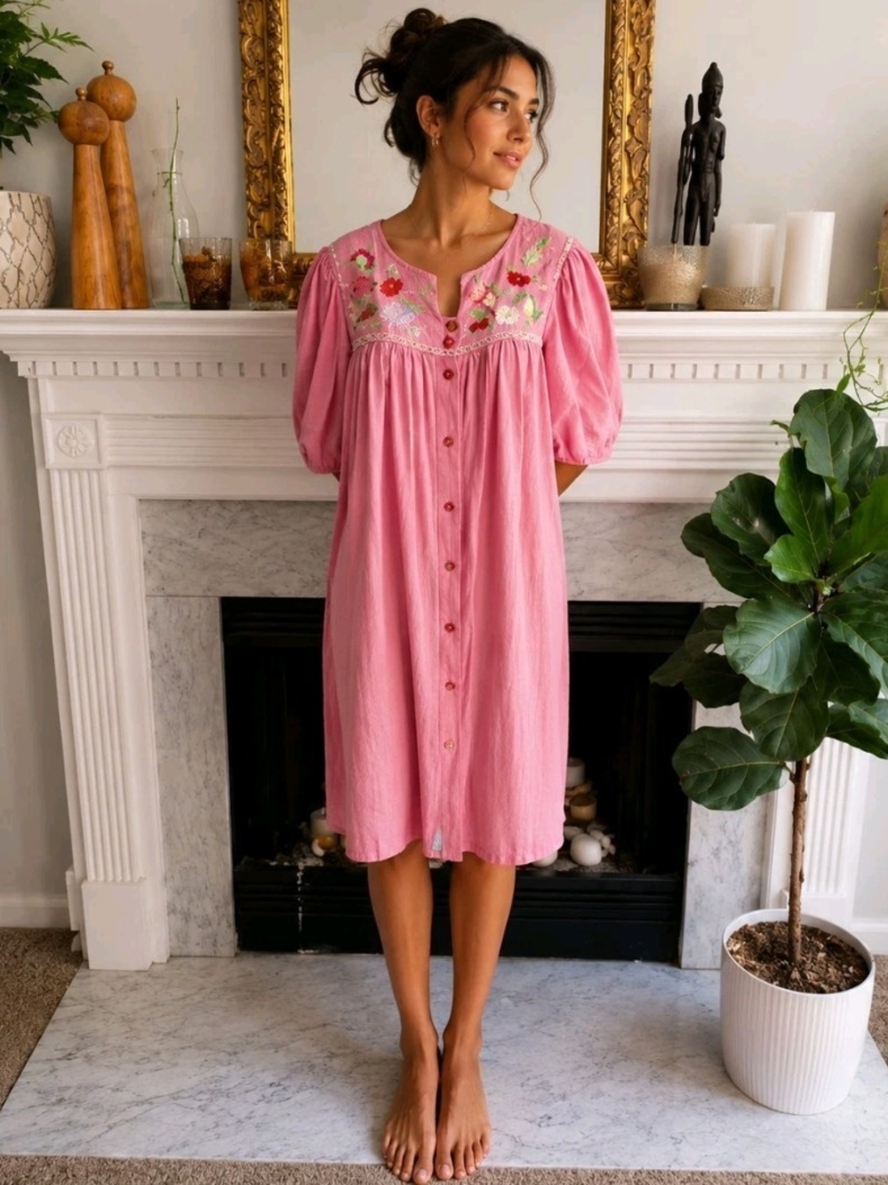 Vintage 80s Bechamel Red Embroidered House Coat Fruit Print Mumu Size Large